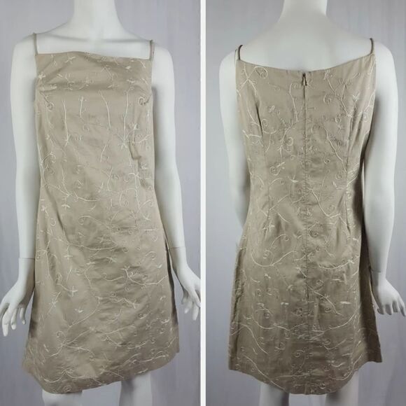 Tommy Hilfiger Womens Size 8 Tan Floral Embroidered Spaghetti Strap Shift Dress - Picture 1 of 11